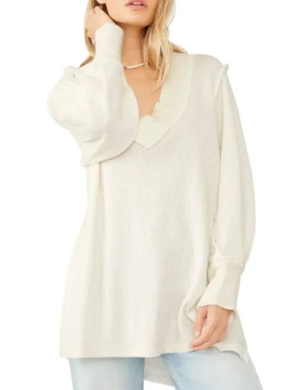 NWT Free People Women's Asher Thermal Knit V-Neck Top in Ivory Size XL